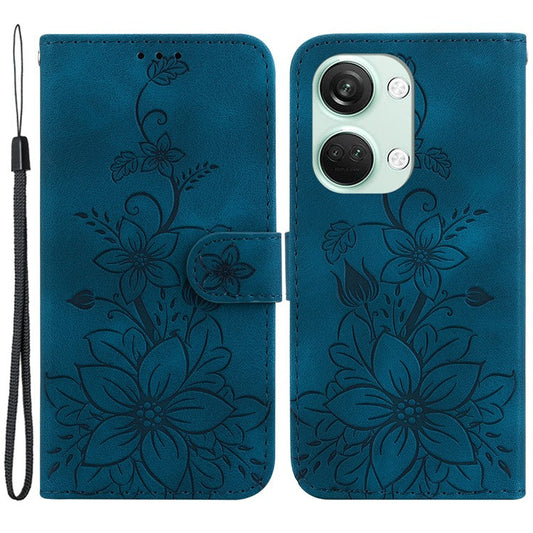 For OnePlus Nord 3 5G / Ace 2V Stand Wallet Phone Case Imprinted Lily Flower Leather Phone Cover - Dark Blue