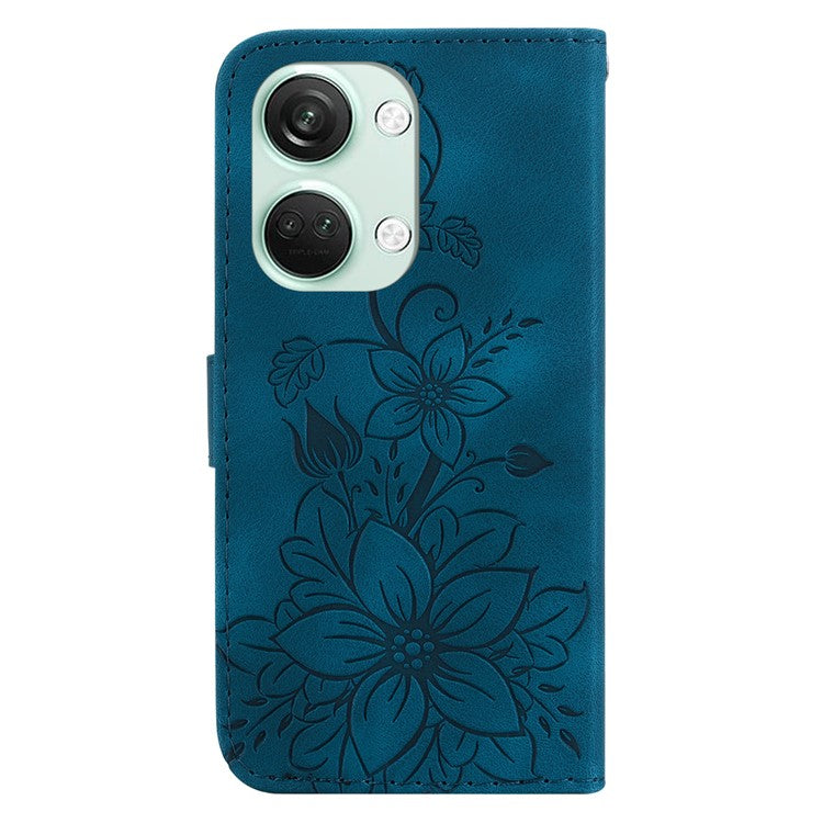 For OnePlus Nord 3 5G / Ace 2V Stand Wallet Phone Case Imprinted Lily Flower Leather Phone Cover - Dark Blue