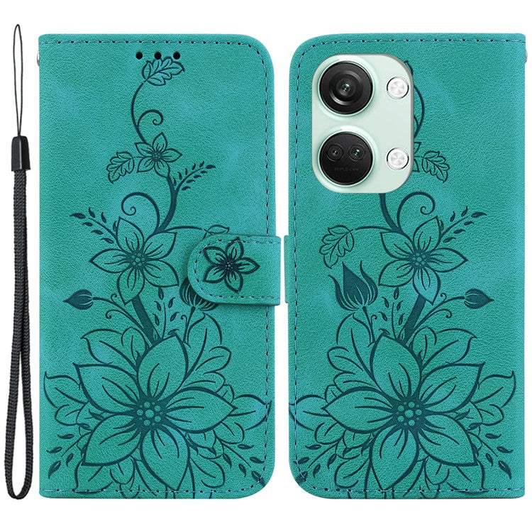 For OnePlus Nord 3 5G / Ace 2V Stand Wallet Phone Case Imprinted Lily Flower Leather Phone Cover - Green