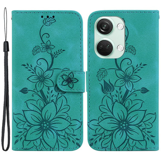 For OnePlus Nord 3 5G / Ace 2V Stand Wallet Phone Case Imprinted Lily Flower Leather Phone Cover - Green