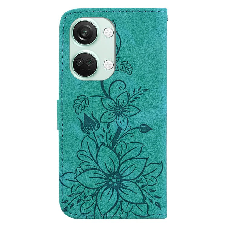 For OnePlus Nord 3 5G / Ace 2V Stand Wallet Phone Case Imprinted Lily Flower Leather Phone Cover - Green