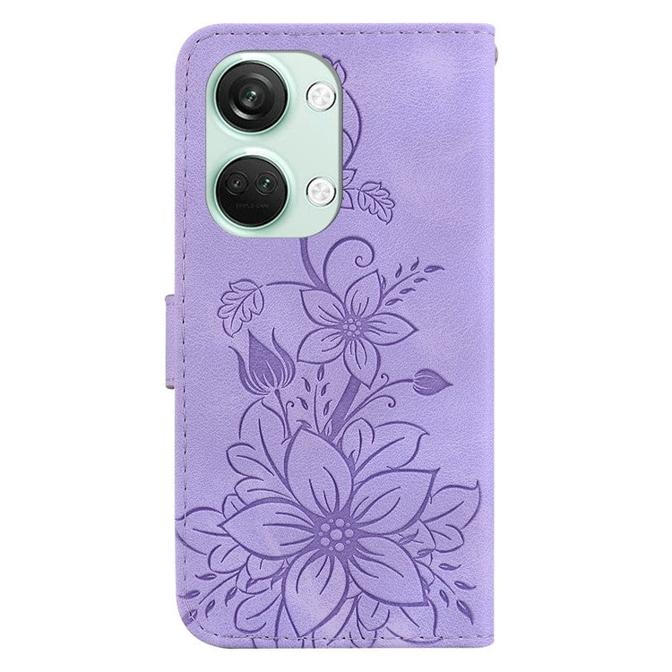 For OnePlus Nord 3 5G / Ace 2V Stand Wallet Phone Case Imprinted Lily Flower Leather Phone Cover - Purple