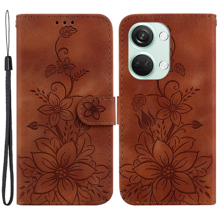 For OnePlus Nord 3 5G / Ace 2V Stand Wallet Phone Case Imprinted Lily Flower Leather Phone Cover - Brown