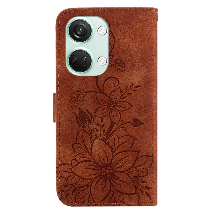 For OnePlus Nord 3 5G / Ace 2V Stand Wallet Phone Case Imprinted Lily Flower Leather Phone Cover - Brown