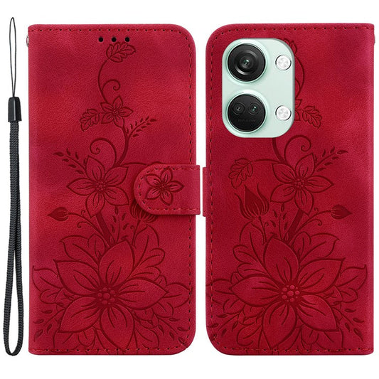 For OnePlus Nord 3 5G / Ace 2V Stand Wallet Phone Case Imprinted Lily Flower Leather Phone Cover - Red