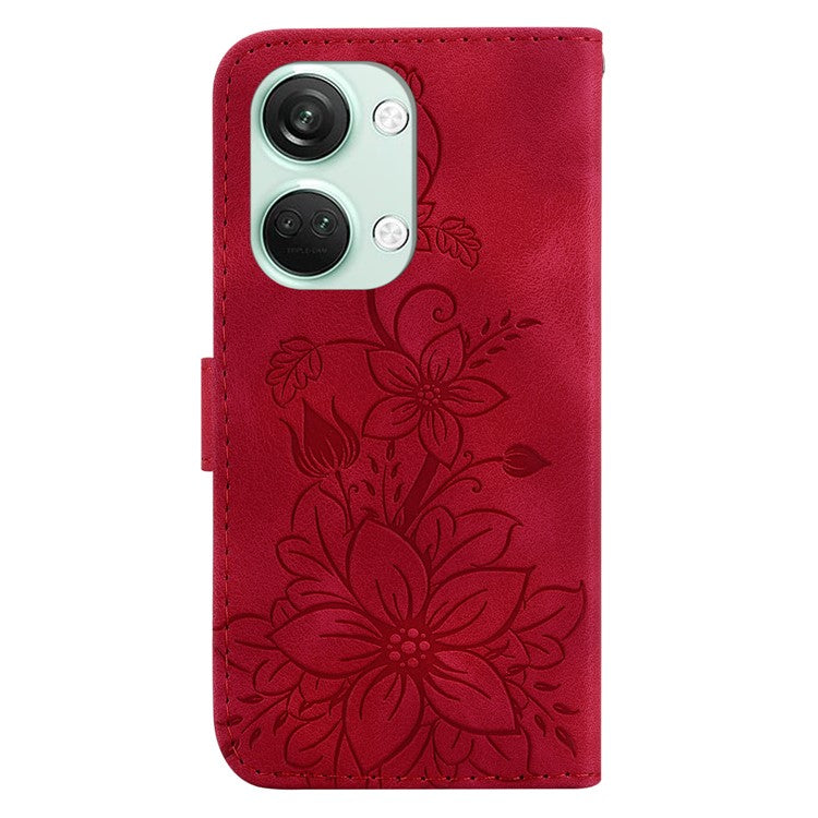 For OnePlus Nord 3 5G / Ace 2V Stand Wallet Phone Case Imprinted Lily Flower Leather Phone Cover - Red