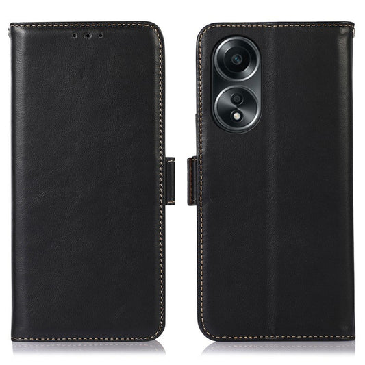 RFID Blocking Phone Cover for Oppo A58 4G , Wallet Stand Genuine Cow Leather Phone Case - Black