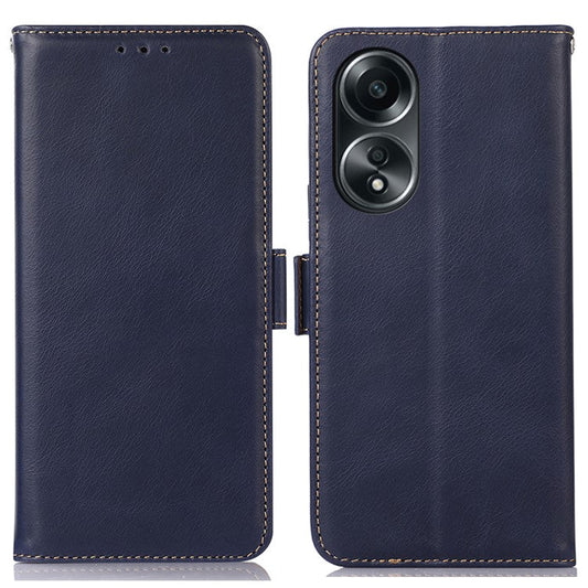 RFID Blocking Phone Cover for Oppo A58 4G , Wallet Stand Genuine Cow Leather Phone Case - Blue