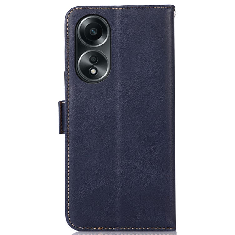 RFID Blocking Phone Cover for Oppo A58 4G , Wallet Stand Genuine Cow Leather Phone Case - Blue