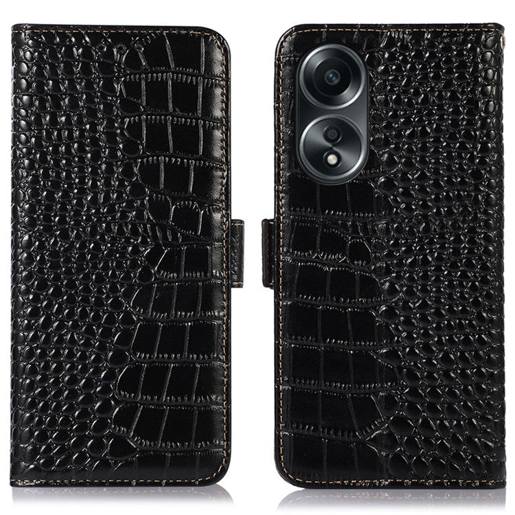 RFID Blocking Wallet Case for Oppo A58 4G , Genuine Cow Leather Stand Phone Cover - Black