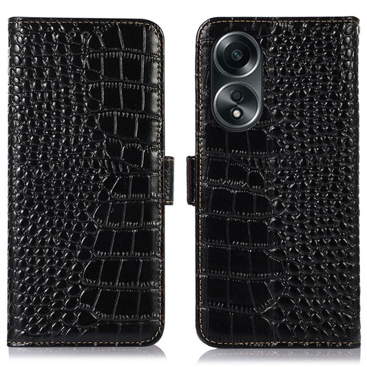 RFID Blocking Wallet Case for Oppo A58 4G , Genuine Cow Leather Stand Phone Cover - Black