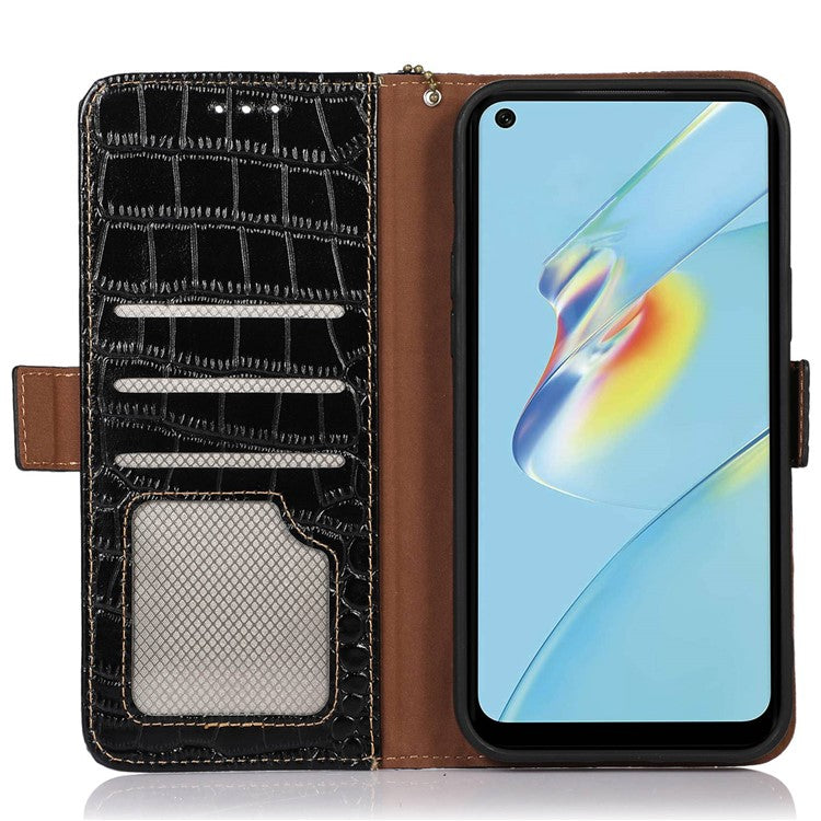 RFID Blocking Wallet Case for Oppo A58 4G , Genuine Cow Leather Stand Phone Cover - Black