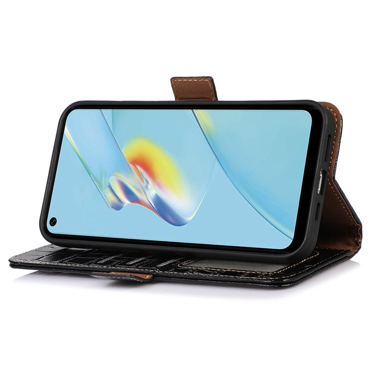 RFID Blocking Wallet Case for Oppo A58 4G , Genuine Cow Leather Stand Phone Cover - Black