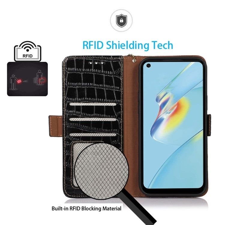 RFID Blocking Wallet Case for Oppo A58 4G , Genuine Cow Leather Stand Phone Cover - Black