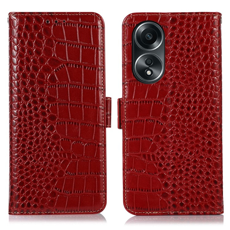 RFID Blocking Wallet Case for Oppo A58 4G , Genuine Cow Leather Stand Phone Cover - Red
