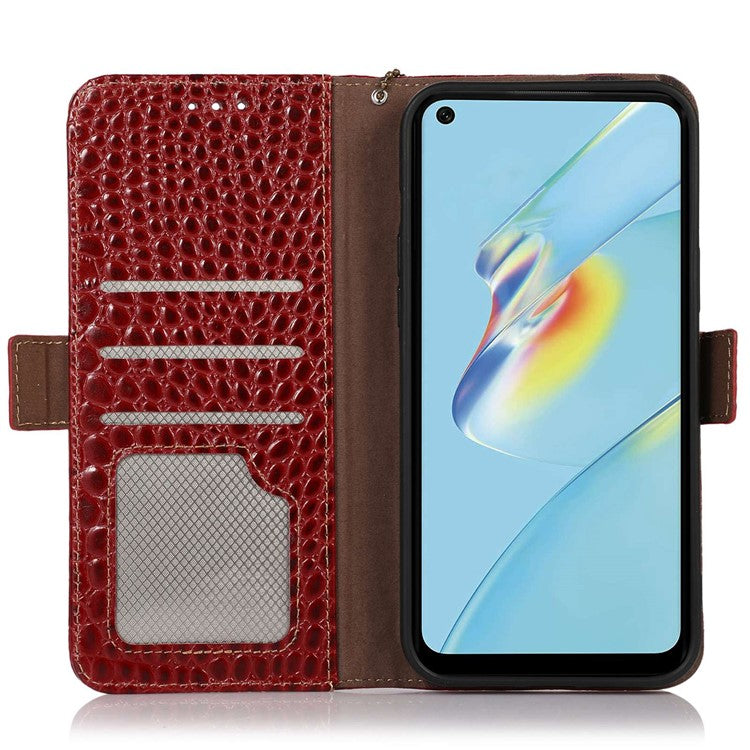 RFID Blocking Wallet Case for Oppo A58 4G , Genuine Cow Leather Stand Phone Cover - Red