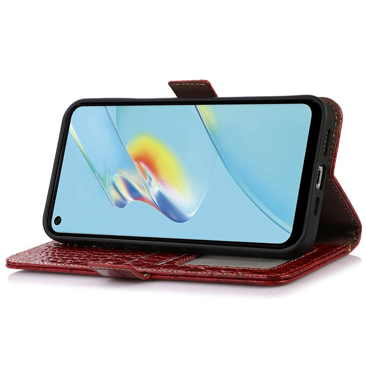 RFID Blocking Wallet Case for Oppo A58 4G , Genuine Cow Leather Stand Phone Cover - Red