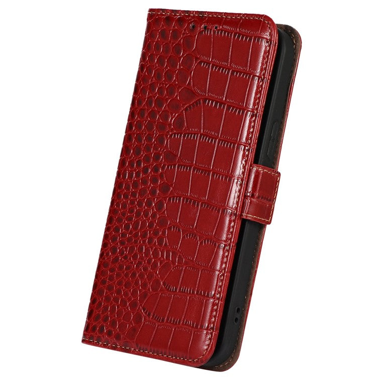 RFID Blocking Wallet Case for Oppo A58 4G , Genuine Cow Leather Stand Phone Cover - Red