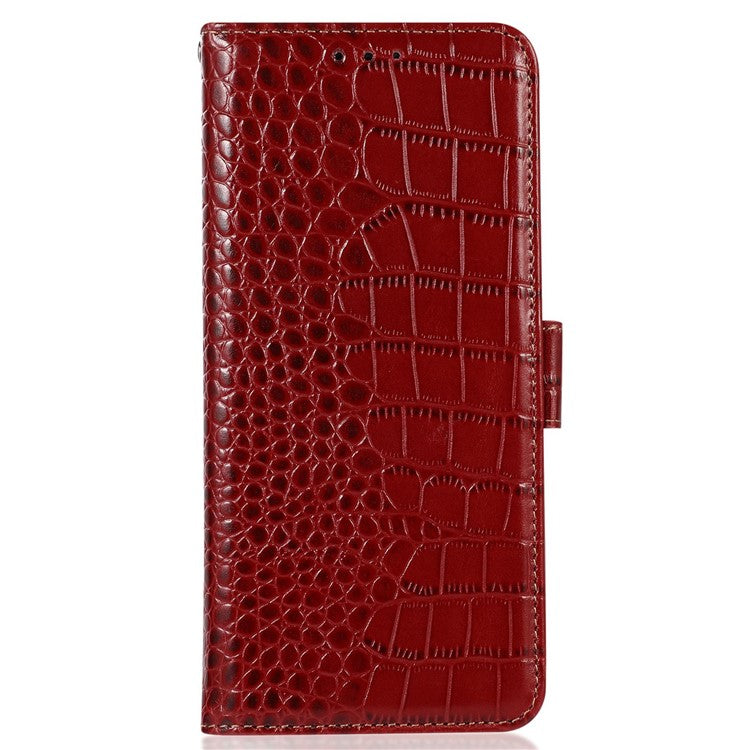 RFID Blocking Wallet Case for Oppo A58 4G , Genuine Cow Leather Stand Phone Cover - Red