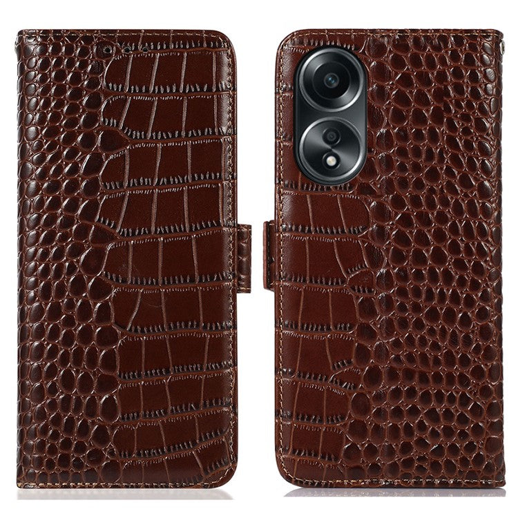 RFID Blocking Wallet Case for Oppo A58 4G , Genuine Cow Leather Stand Phone Cover - Brown