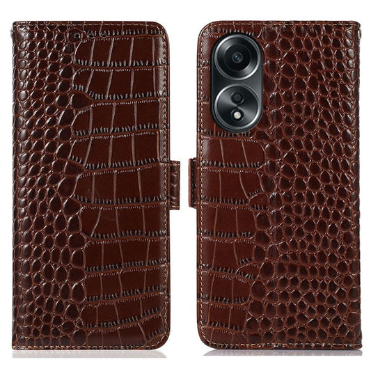 RFID Blocking Wallet Case for Oppo A58 4G , Genuine Cow Leather Stand Phone Cover - Brown