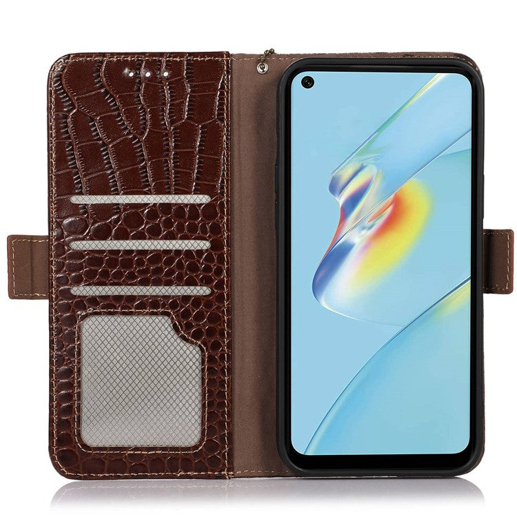 RFID Blocking Wallet Case for Oppo A58 4G , Genuine Cow Leather Stand Phone Cover - Brown