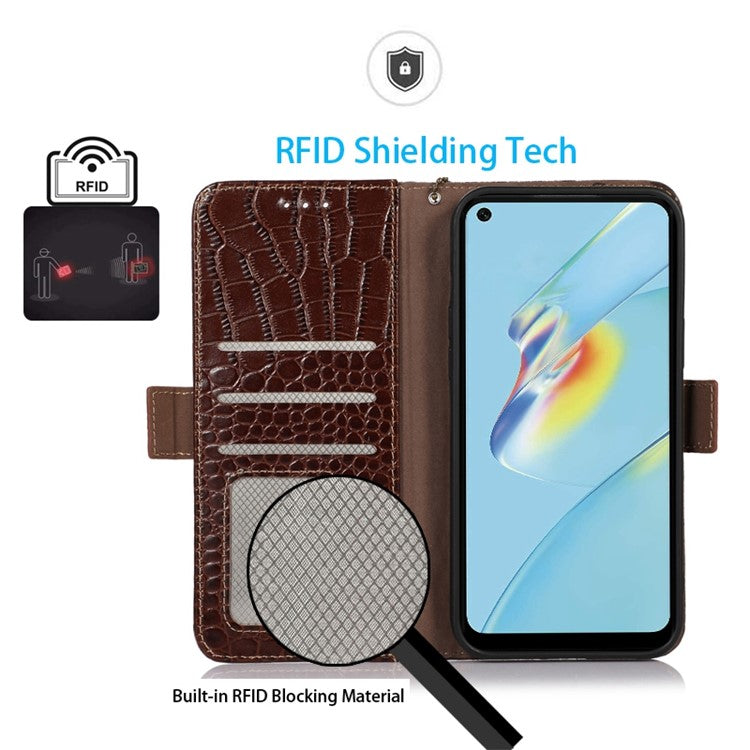 RFID Blocking Wallet Case for Oppo A58 4G , Genuine Cow Leather Stand Phone Cover - Brown