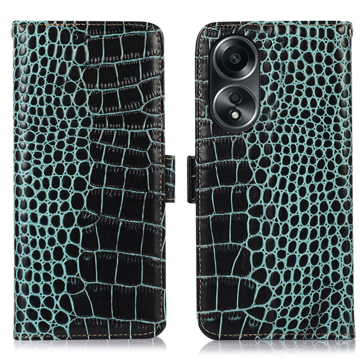 RFID Blocking Wallet Case for Oppo A58 4G , Genuine Cow Leather Stand Phone Cover - Green