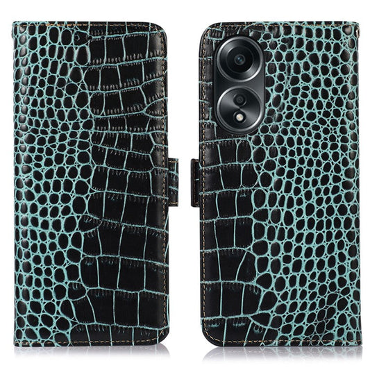 RFID Blocking Wallet Case for Oppo A58 4G , Genuine Cow Leather Stand Phone Cover - Green