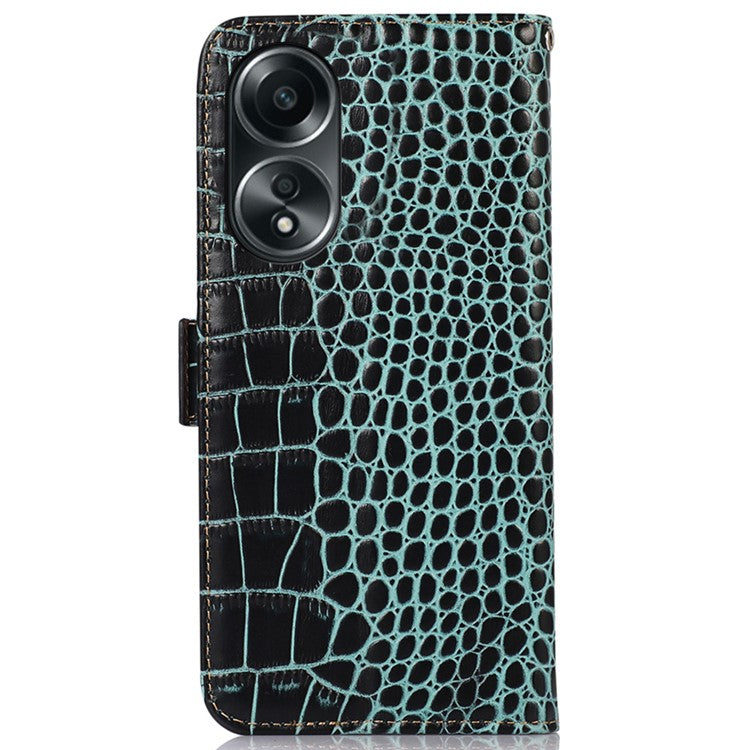 RFID Blocking Wallet Case for Oppo A58 4G , Genuine Cow Leather Stand Phone Cover - Green