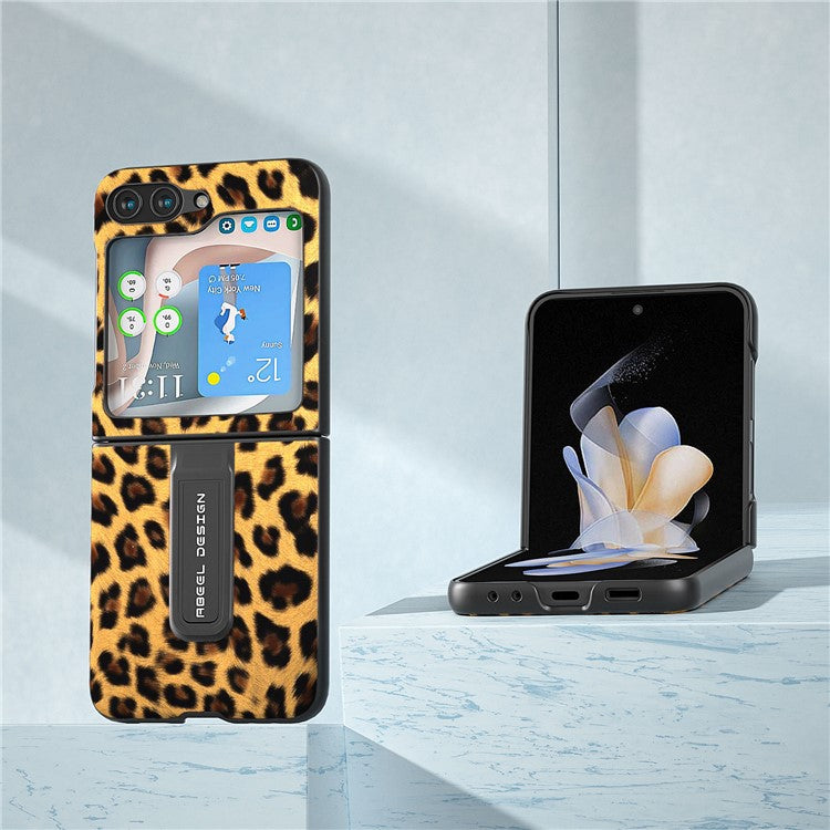 ABEEL For Samsung Galaxy Z Flip5 5G PU Leather+PC Kickstand Cover Leopard Pattern Phone Case - Gold