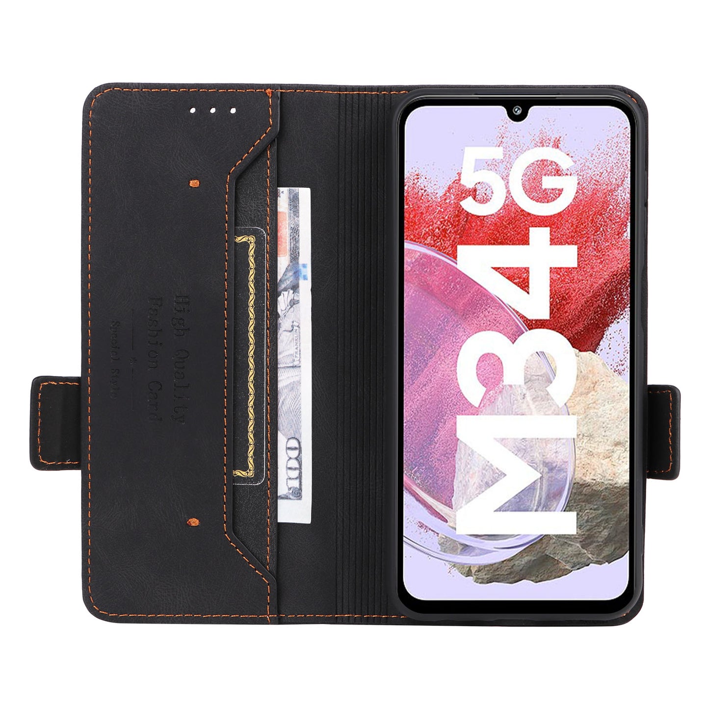 For Samsung Galaxy F34 5G / M34 5G PU Leather Wallet Phone Case Hardware Decor Anti-drop Stand Cover - Black