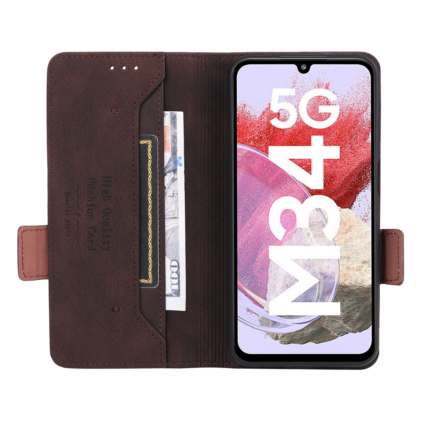 For Samsung Galaxy F34 5G / M34 5G PU Leather Wallet Phone Case Hardware Decor Anti-drop Stand Cover - Coffee
