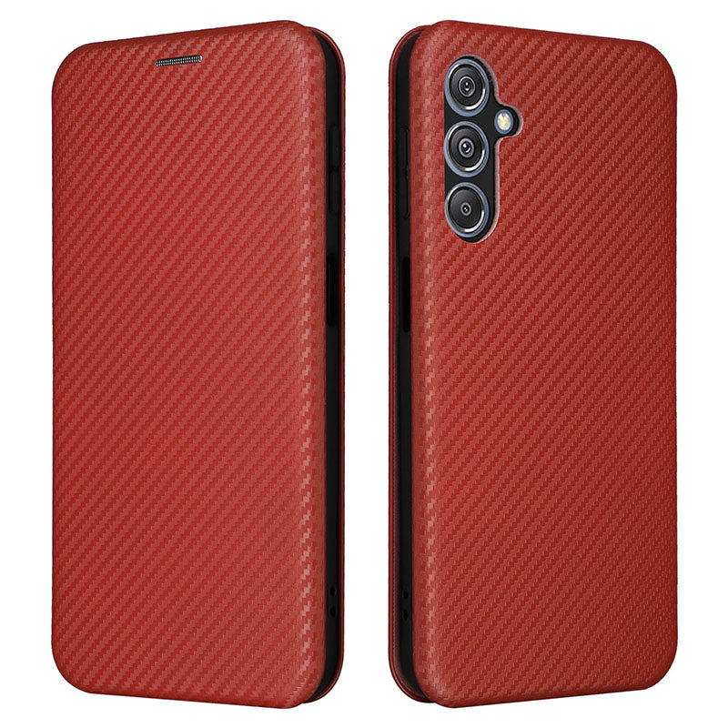 For Samsung Galaxy F34 5G / M34 5G PU Leather Case Carbon Fiber Texture Card Holder Phone Stand Cover - Brown