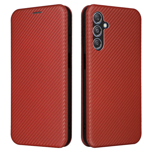 For Samsung Galaxy F34 5G / M34 5G PU Leather Case Carbon Fiber Texture Card Holder Phone Stand Cover - Brown