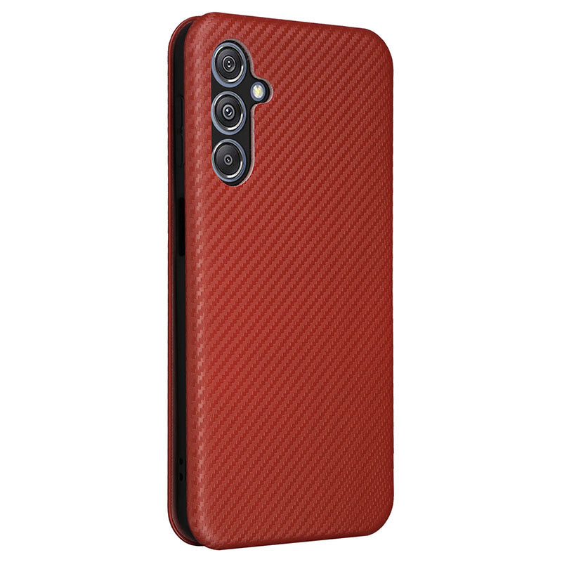 For Samsung Galaxy F34 5G / M34 5G PU Leather Case Carbon Fiber Texture Card Holder Phone Stand Cover - Brown