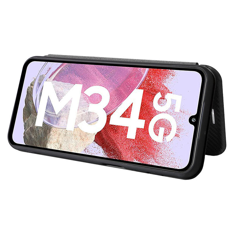 For Samsung Galaxy F34 5G / M34 5G PU Leather Case Carbon Fiber Texture Card Holder Phone Stand Cover - Black