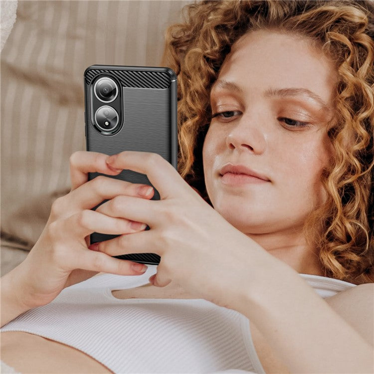 Phone Shell for Oppo A58 4G , Carbon Fiber Texture Phone Case Soft TPU Brushed Cover - Black