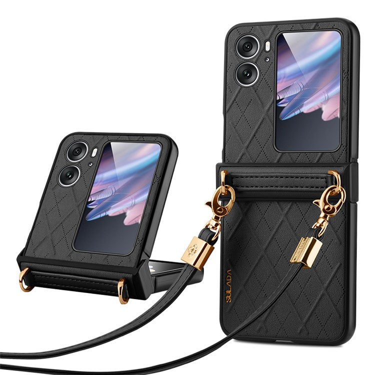 SULADA For Oppo Find N2 Flip 5G Folding Phone Case Imprinted Leather Coated PC Cover with Shoulder Strap - Black