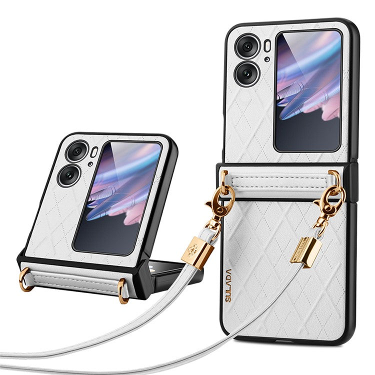 SULADA For Oppo Find N2 Flip 5G Folding Phone Case Imprinted Leather Coated PC Cover with Shoulder Strap - White