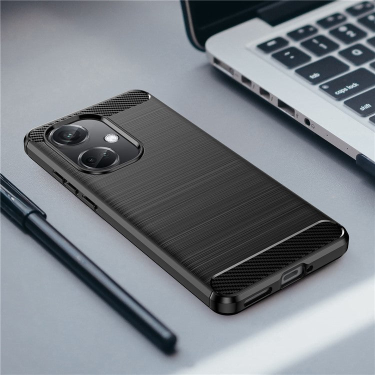 For OnePlus Nord CE3 5G Anti-drop Phone Case Carbon Fiber Texture Soft TPU Brushed Cover - Black
