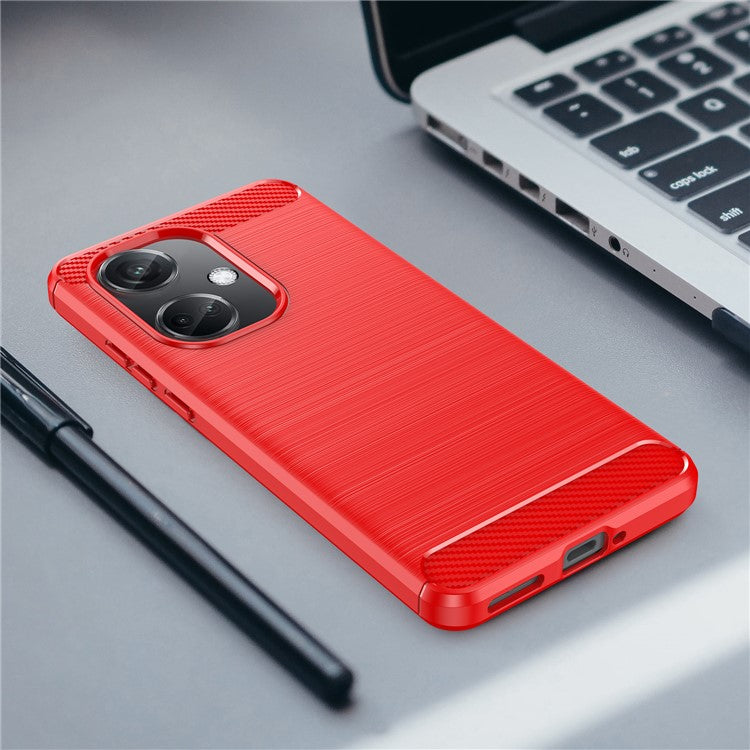 For OnePlus Nord CE3 5G Anti-drop Phone Case Carbon Fiber Texture Soft TPU Brushed Cover - Red