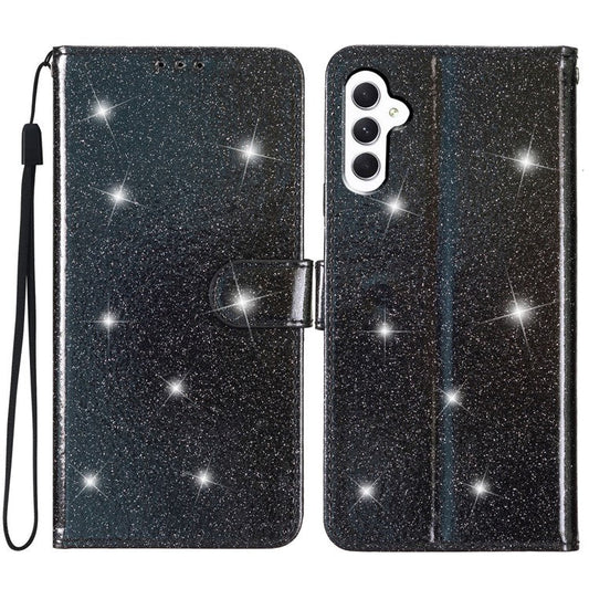 For Samsung Galaxy A24 4G (162.1 x 77.6 x 8.3mm) Glittery Wallet Stand PU Leather Case Drop-proof Phone Cover - Black