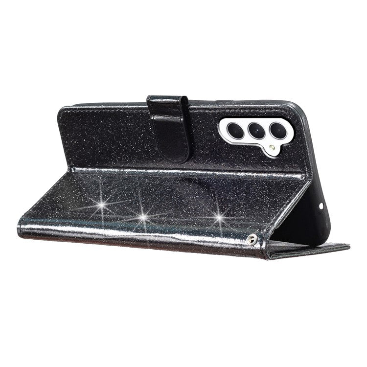For Samsung Galaxy A24 4G (162.1 x 77.6 x 8.3mm) Glittery Wallet Stand PU Leather Case Drop-proof Phone Cover - Black