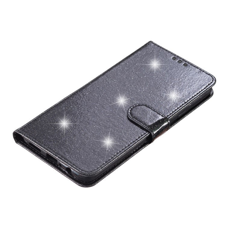 For Samsung Galaxy A24 4G (162.1 x 77.6 x 8.3mm) Glittery Wallet Stand PU Leather Case Drop-proof Phone Cover - Black