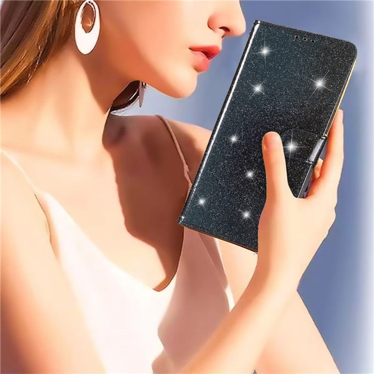 For Samsung Galaxy A24 4G (162.1 x 77.6 x 8.3mm) Glittery Wallet Stand PU Leather Case Drop-proof Phone Cover - Black