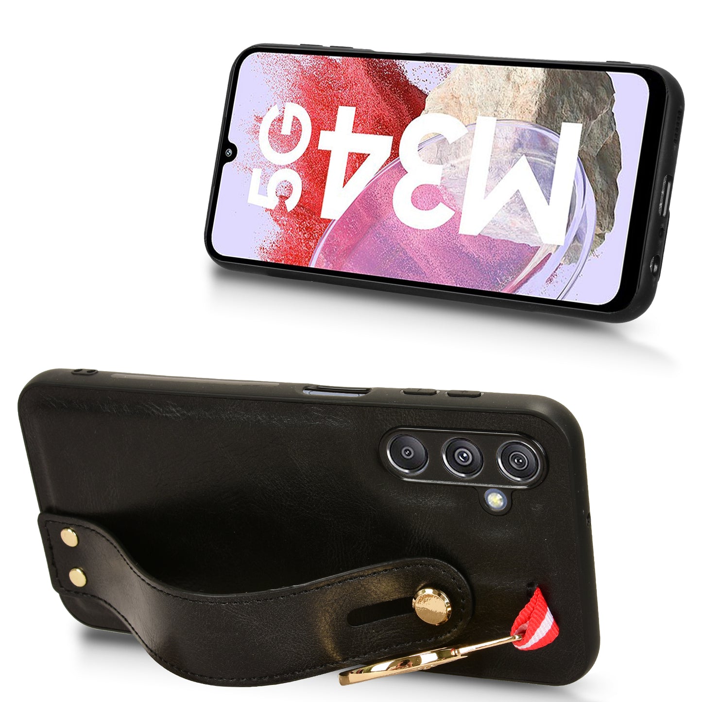 For Samsung Galaxy M34 5G / F34 5G Phone Case Wristband Kickstand Bottle Opener Leather+PC+TPU Cover - Black