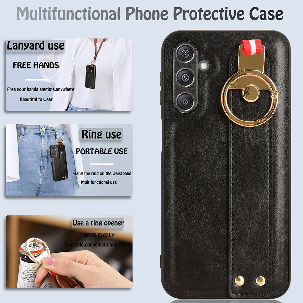 For Samsung Galaxy M34 5G / F34 5G Phone Case Wristband Kickstand Bottle Opener Leather+PC+TPU Cover - Black
