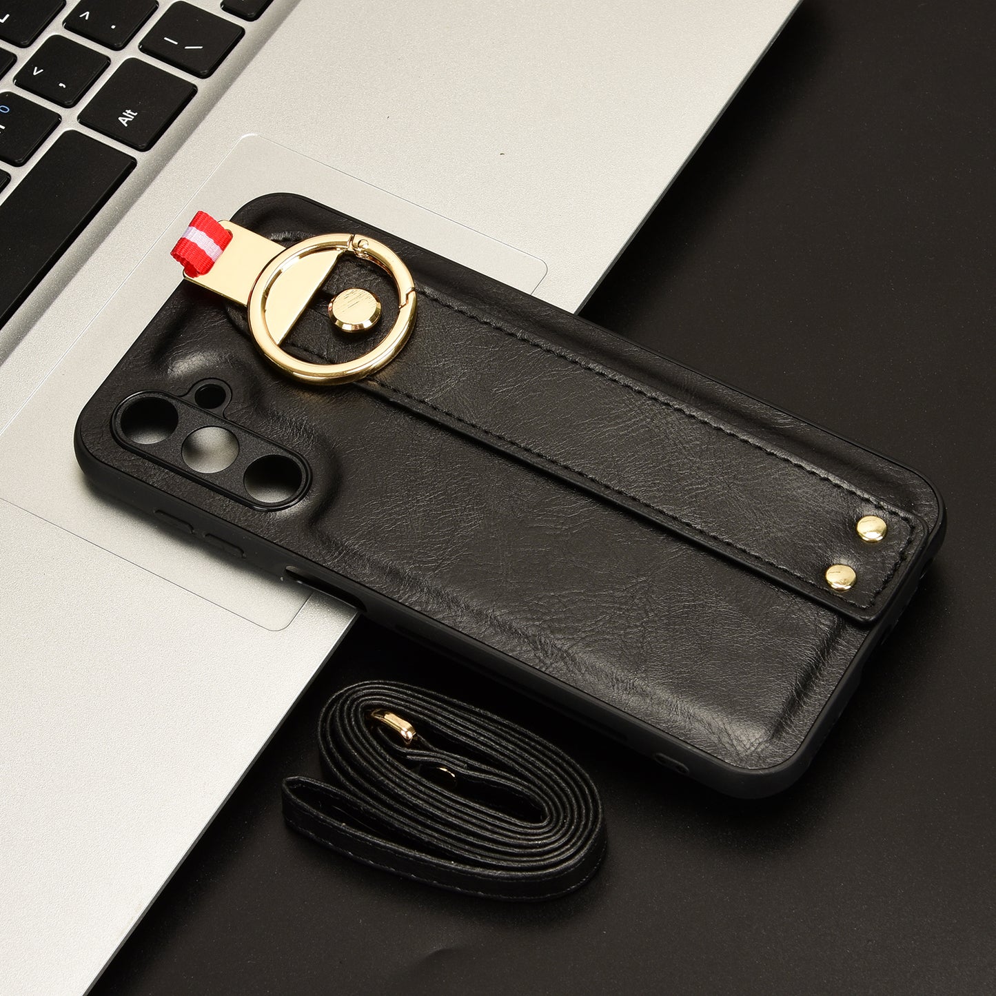 For Samsung Galaxy M34 5G / F34 5G Phone Case Wristband Kickstand Bottle Opener Leather+PC+TPU Cover - Black