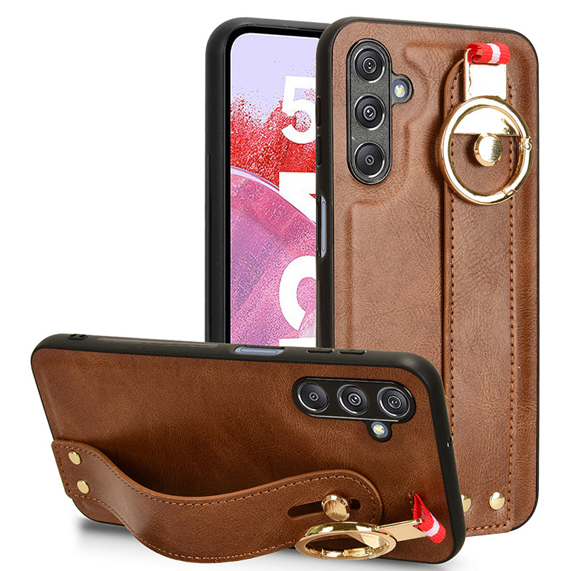 For Samsung Galaxy M34 5G / F34 5G Phone Case Wristband Kickstand Bottle Opener Leather+PC+TPU Cover - Brown